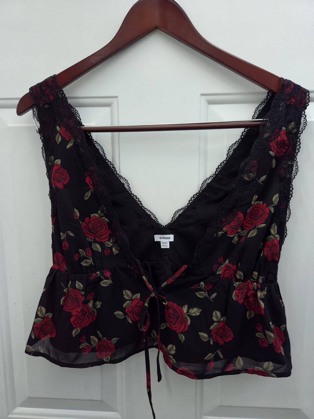 Garage Black Floral Lace Trim Tie-Front Camisole